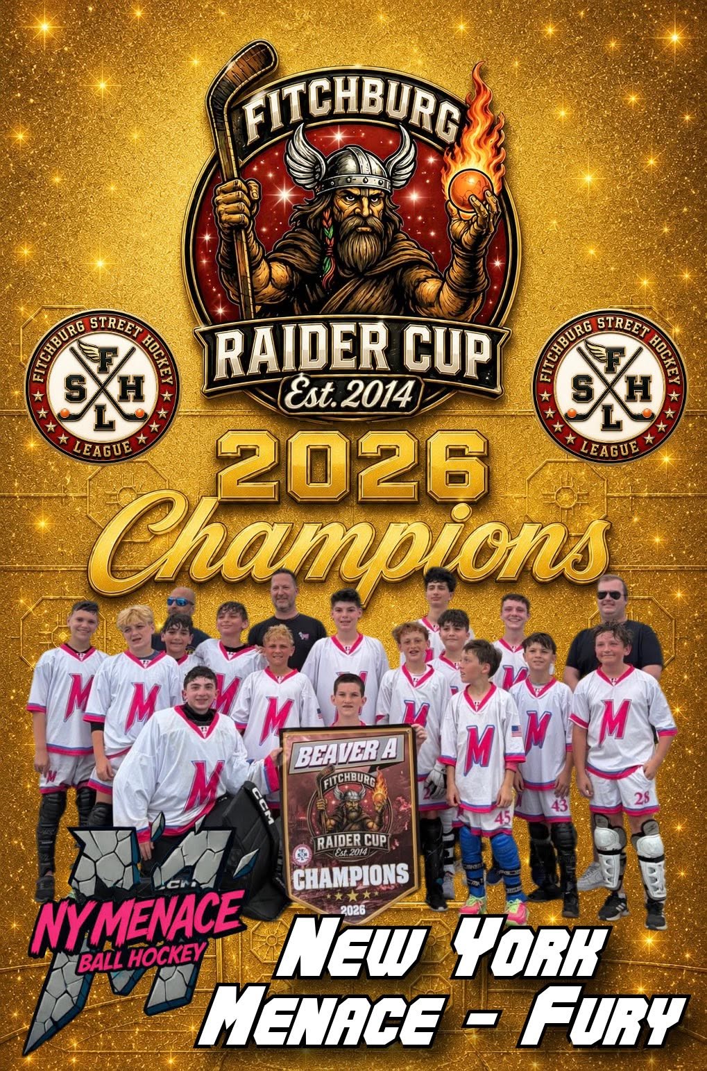 NY Menace youth travel ball hockey teams celebrating at the Raider Cup in Fitchburg