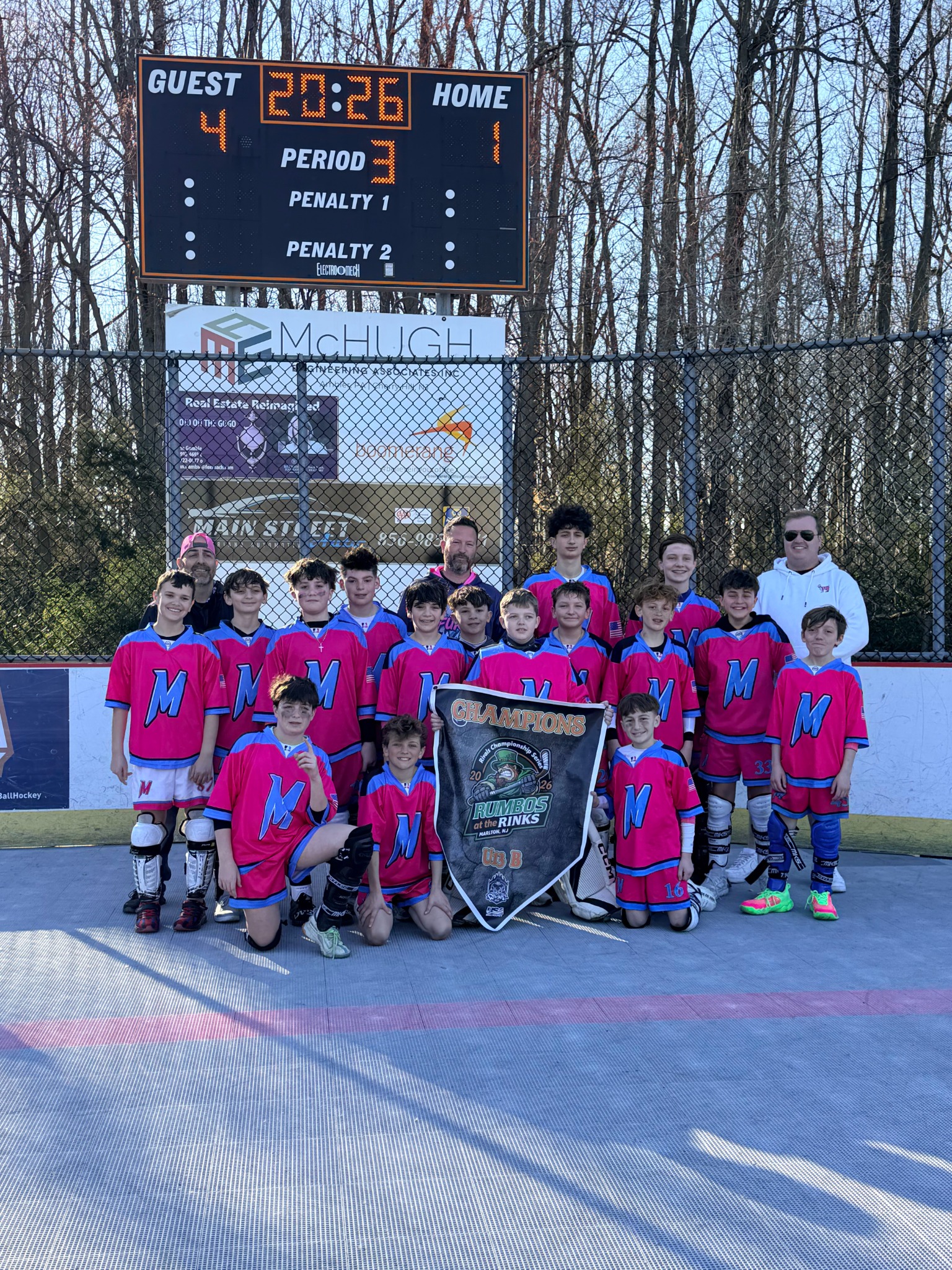 NY Menace youth travel ball hockey players celebrating at Rumbos at the Rinks in Marlton